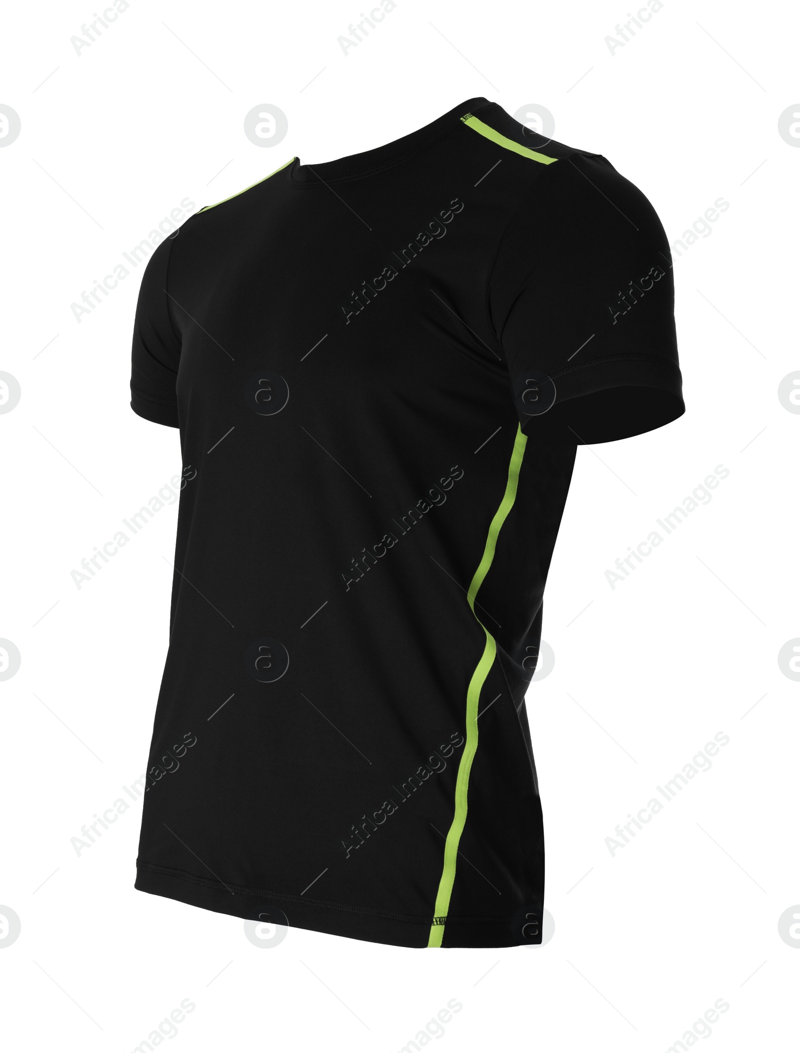 Photo of Black men's t-shirt isolated on white. Sports clothing