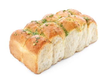 Photo of Buns of bread with garlic and herbs on white background