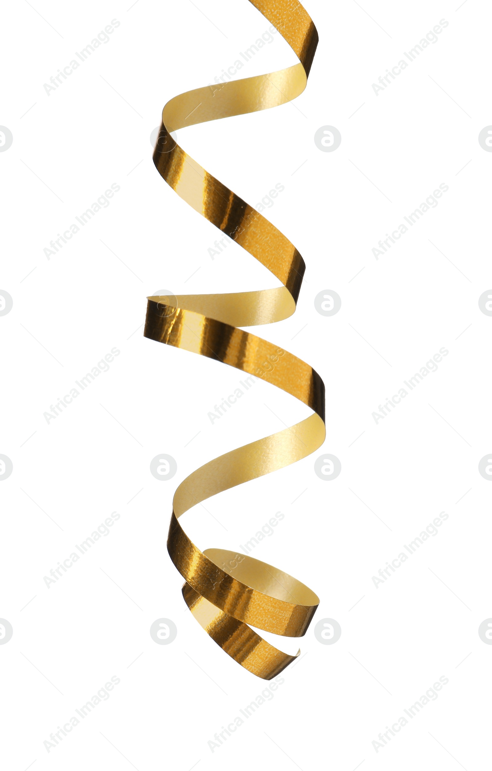 Photo of Shiny serpentine streamer on white background. Festive decor