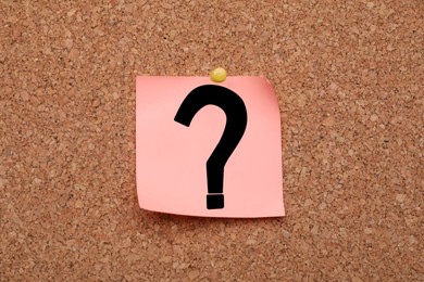 Photo of Note paper with question mark pinned to cork board