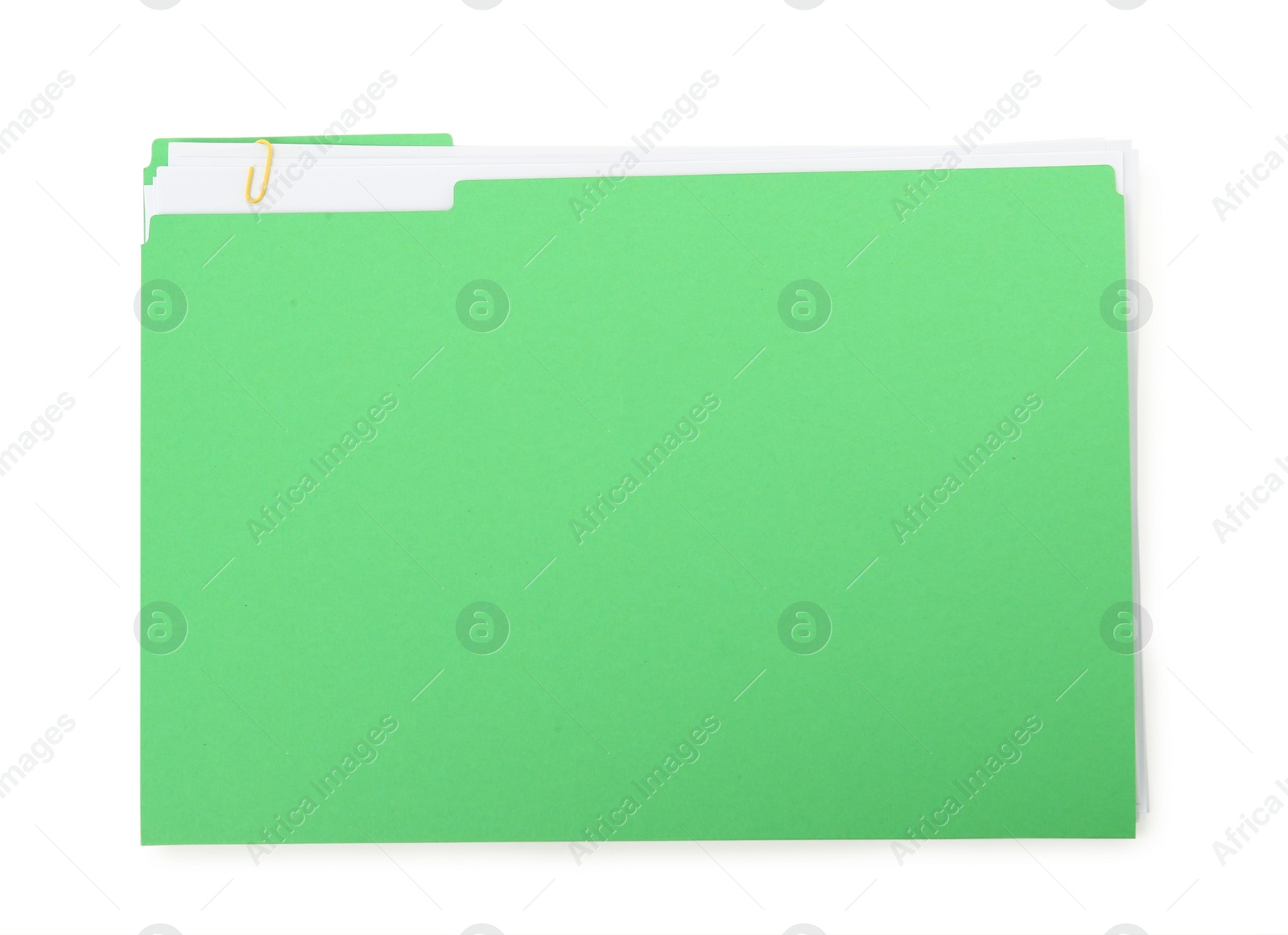 Photo of Light green file with documents isolated on white, top view