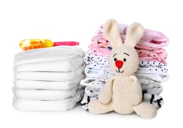 Photo of Set of baby accessories on white background