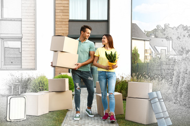 Image of Happy couple with moving boxes and household stuff near their new house