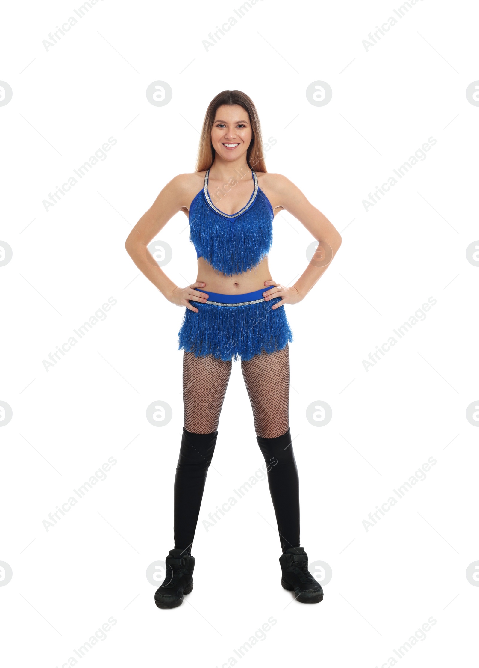 Photo of Beautiful cheerleader in costume on white background