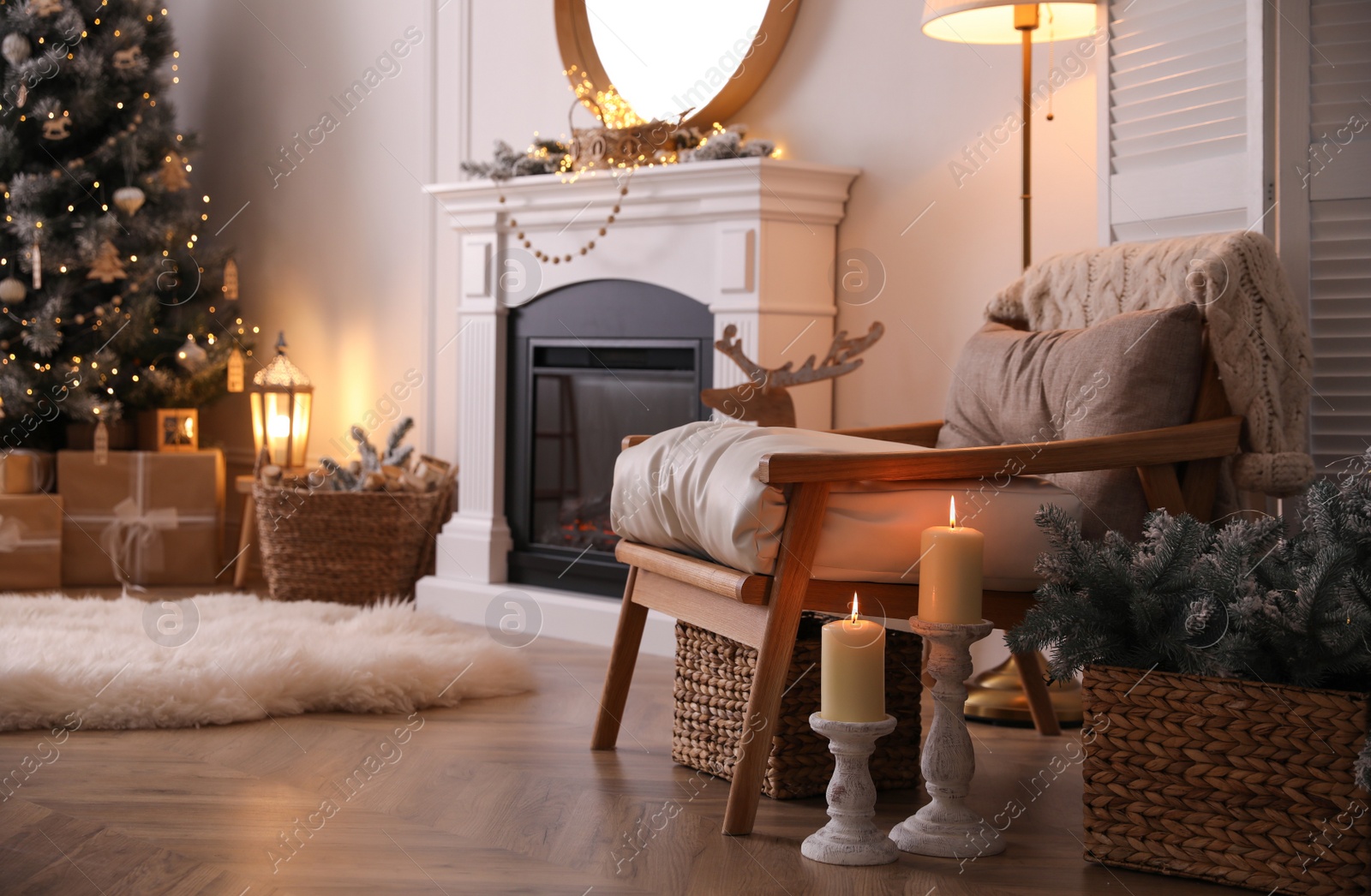 Photo of Beautiful room interior with Christmas tree and fireplace