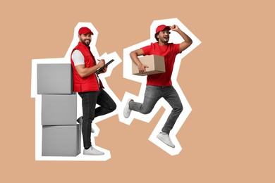 Image of Happy couriers with parcels on beige background