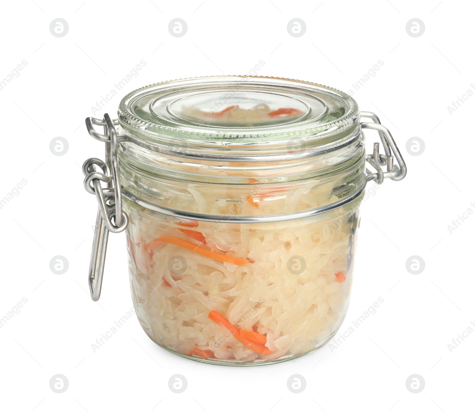 Photo of Glass jar of tasty fermented cabbage with carrot on white background