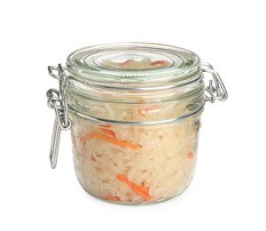 Photo of Glass jar of tasty fermented cabbage with carrot on white background