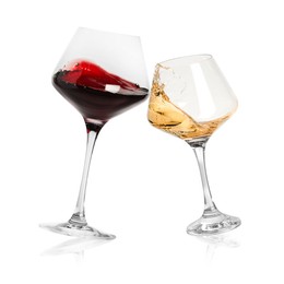 Different types of wine splashing in glasses on white background