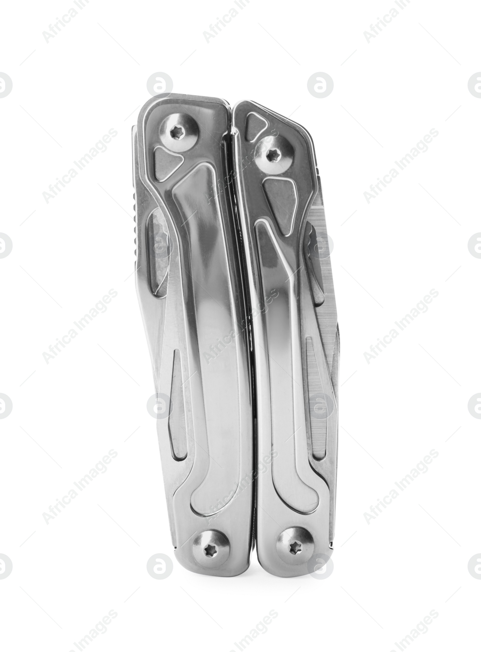 Photo of Compact portable stainless multitool isolated on white