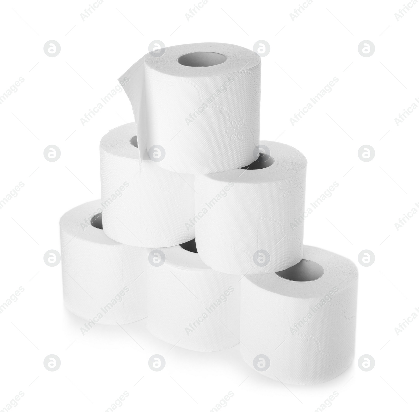 Photo of Rolls of toilet paper on white background. Personal hygiene