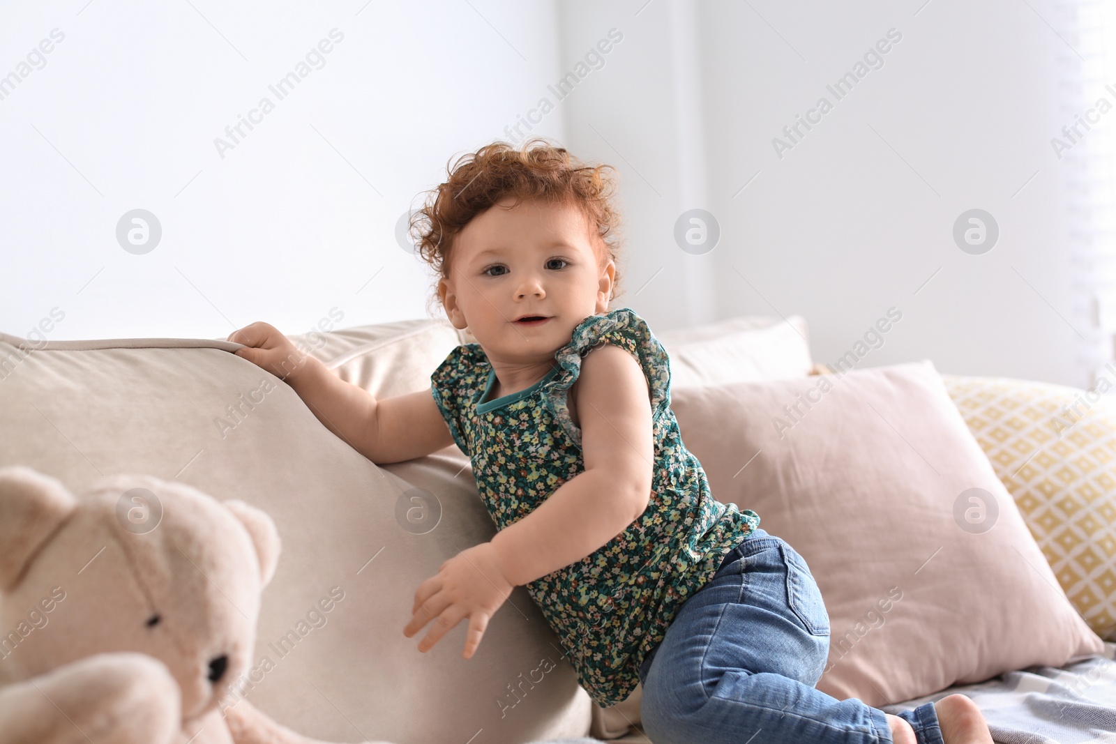 Photo of Portrait of cute little child on sofa at home