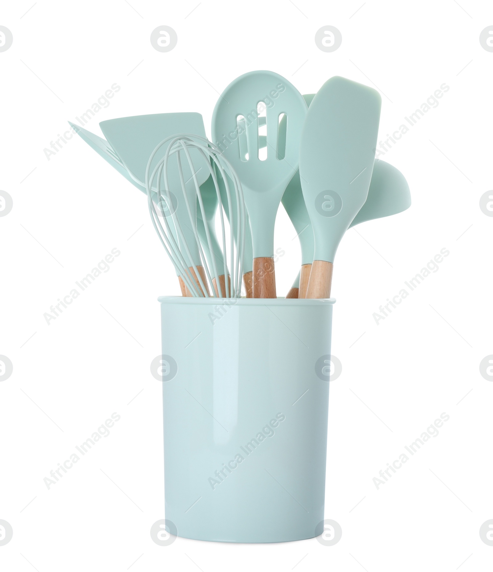 Photo of Set of turquoise kitchen utensils in holder isolated on white