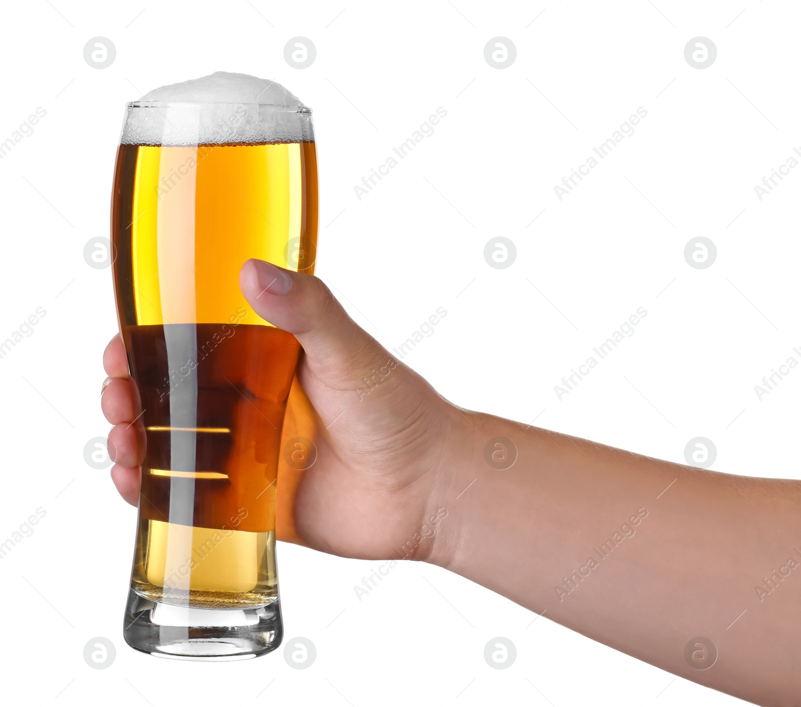 Photo of Man holding glass with beer on white background, closeup
