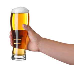 Photo of Man holding glass with beer on white background, closeup