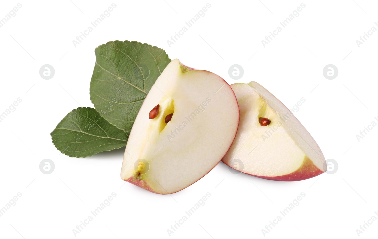 Photo of Pieces of fresh ripe apple and green leaves isolated on white