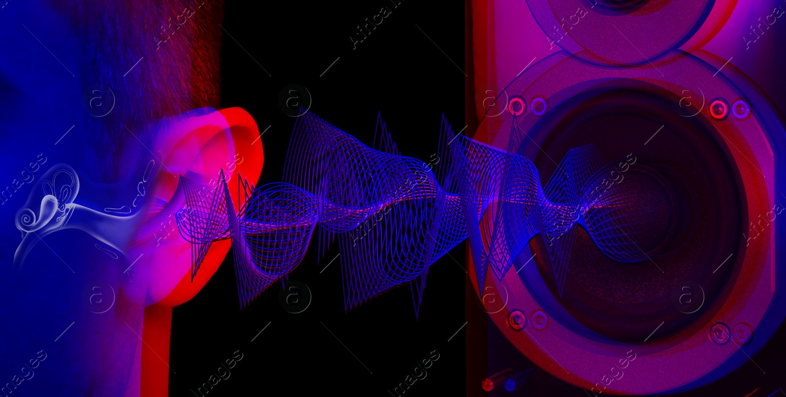 Image of Modern audio speaker and man listening to sound, closeup view of ear. Banner design