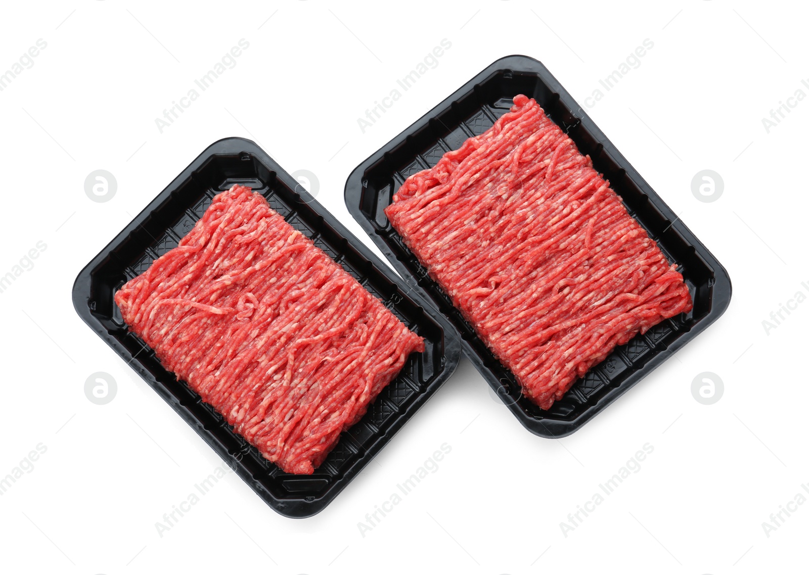 Photo of Fresh raw minced meat on white background, top view