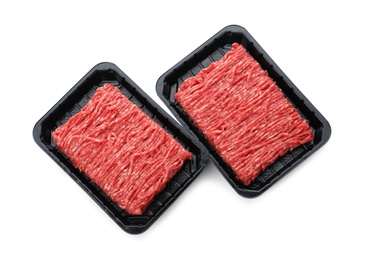 Fresh raw minced meat on white background, top view