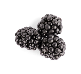 Photo of Tasty ripe blackberries on white background, top view