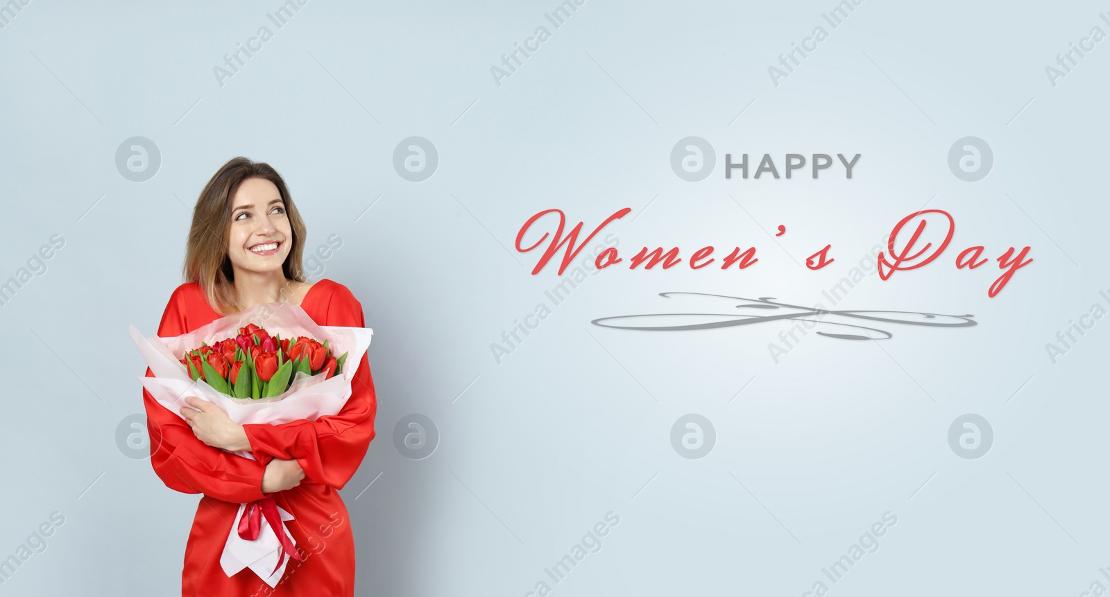 Image of Happy Women's Day, Charming lady holding bouquet of beautiful flowers on grey background