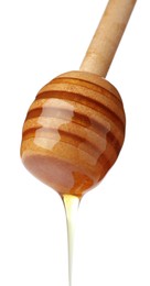 Photo of Honey dripping from dipper on white background