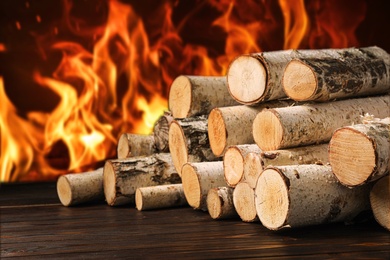 Dry wood and burning fire on background. Cozy atmosphere