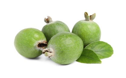 Photo of Fresh feijoa fruits with leaves on white background