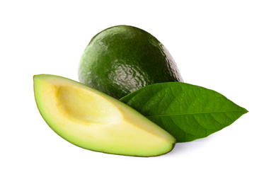 Photo of Whole and cut avocados isolated on white