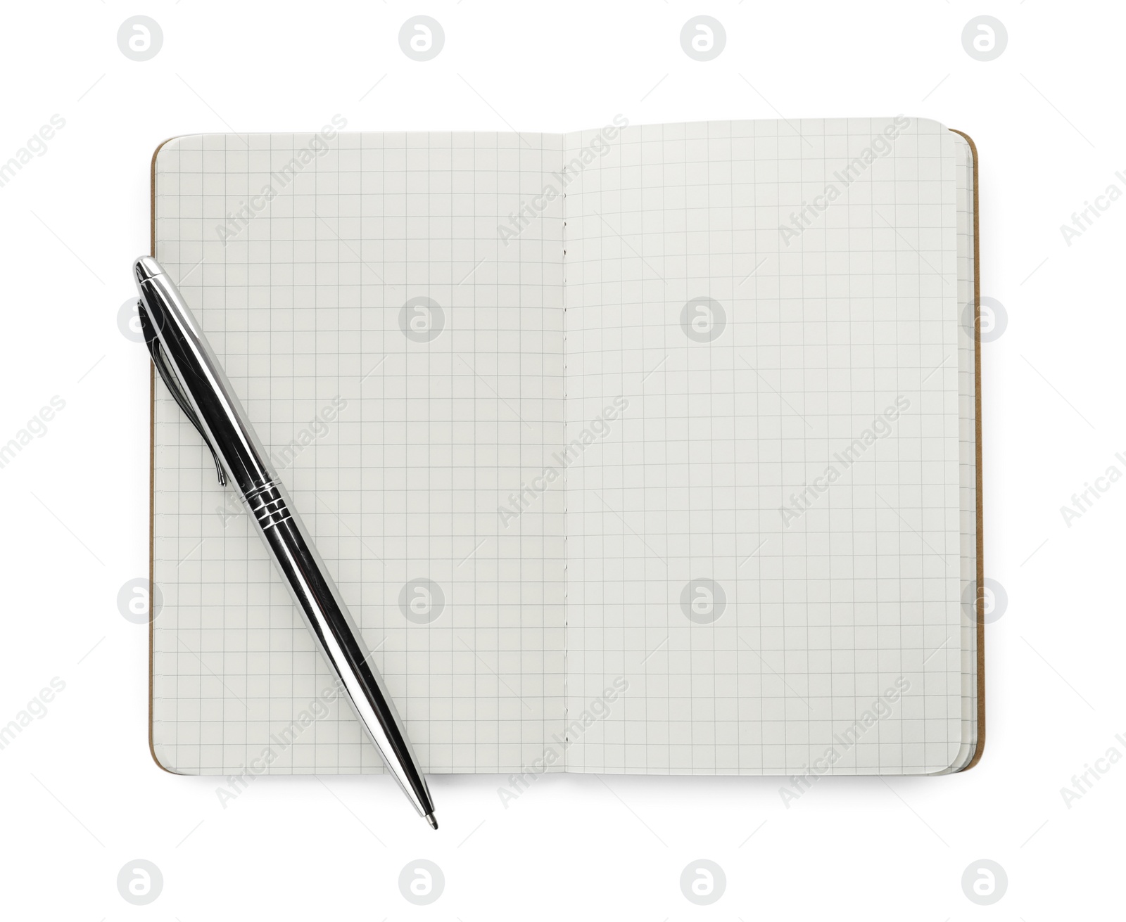 Photo of Stylish open notebook with blank sheets and pen isolated on white, top view