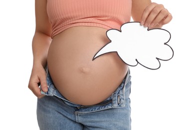Photo of Pregnant woman with empty paper thought cloud on white background, closeup. Choosing baby name