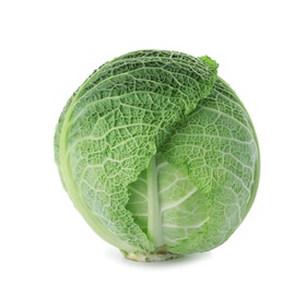 Photo of Fresh green savoy cabbage on white background