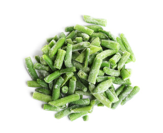 Photo of Frozen green beans isolated on white, top view. Vegetable preservation