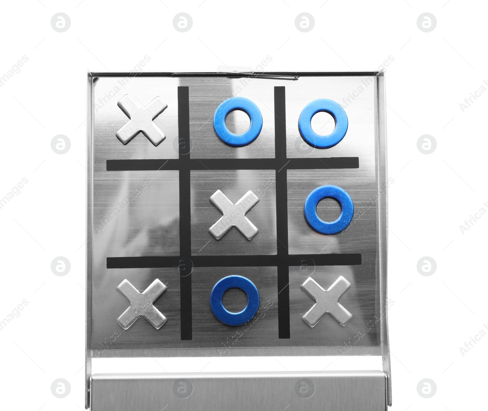 Photo of Metallic tic-tac-toe set on white background, top view