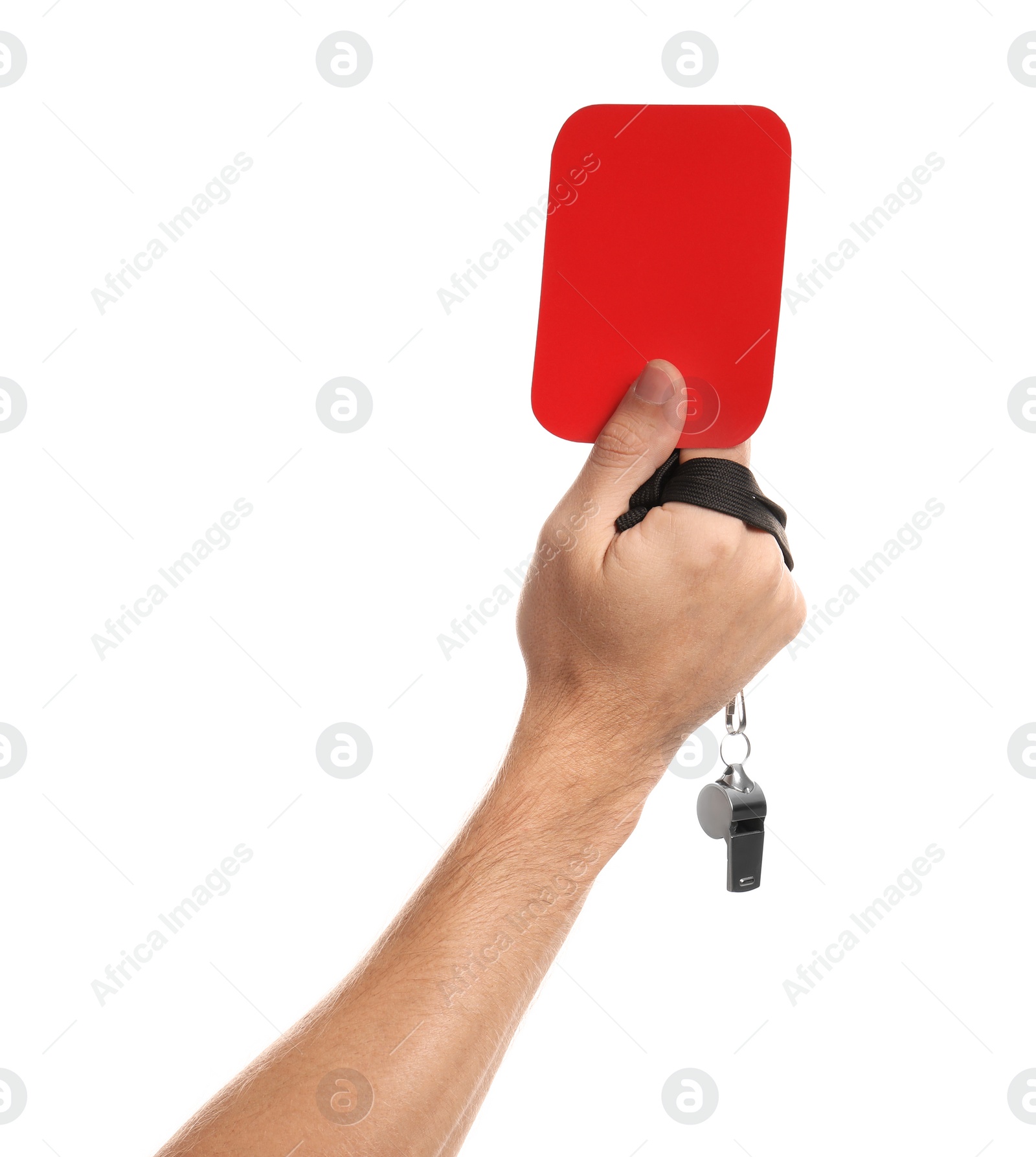 Photo of Man holding red card and whistle on white background, closeup of hand