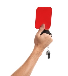 Photo of Man holding red card and whistle on white background, closeup of hand