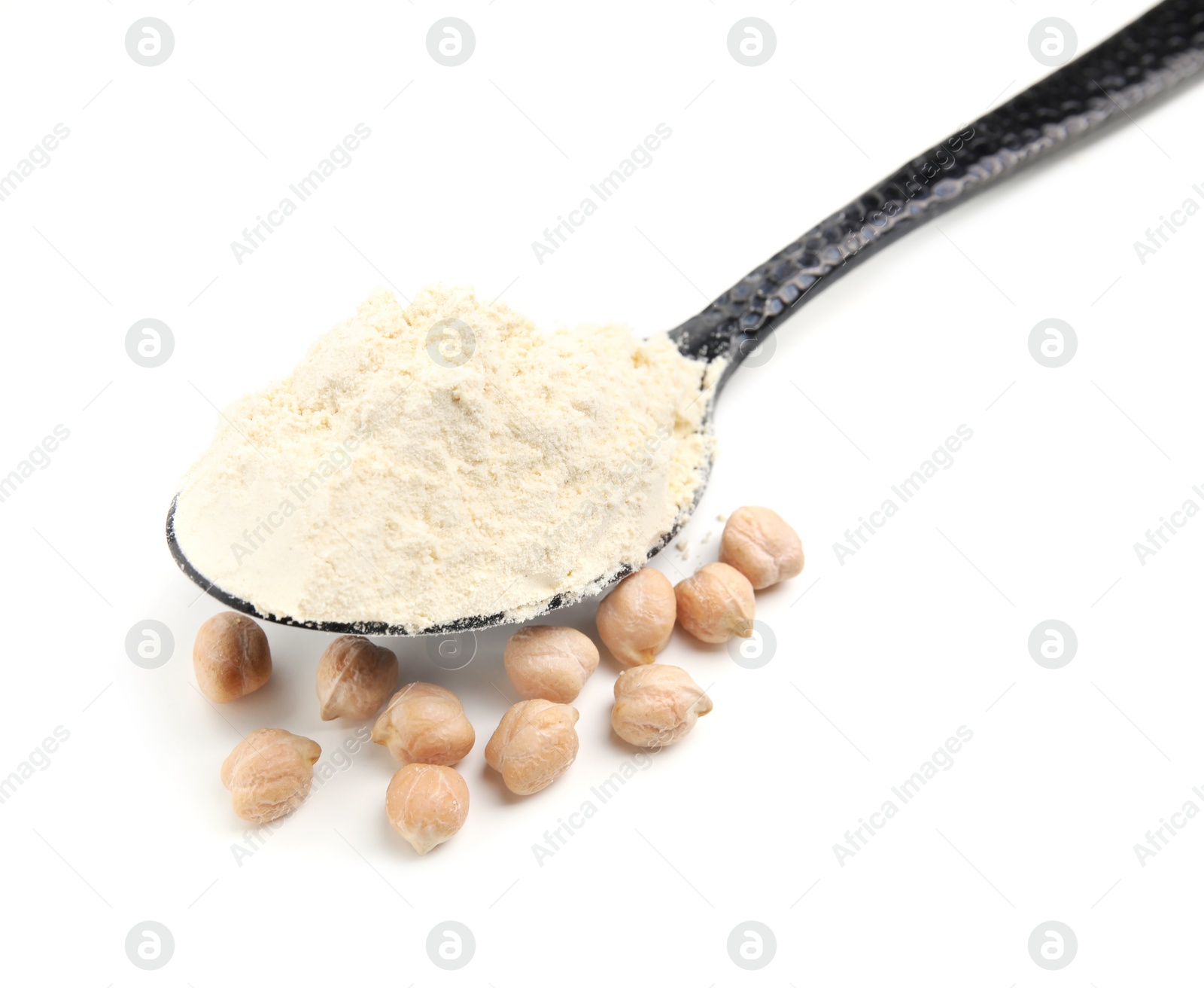 Photo of Spoon of chickpea flour and grains on white background