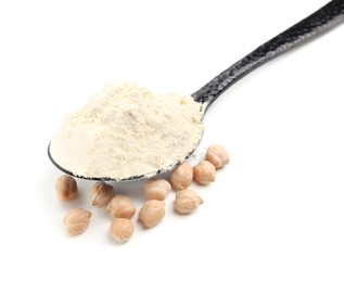 Photo of Spoon of chickpea flour and grains on white background