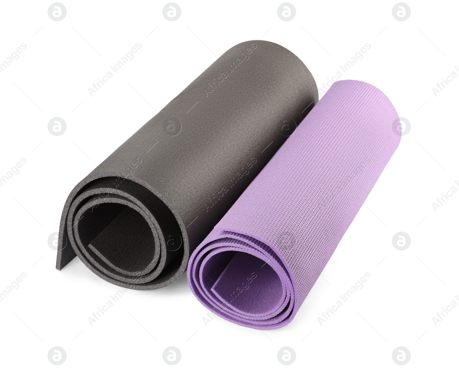 Photo of Grey and violet fitness mat isolated on white. Sports equipment