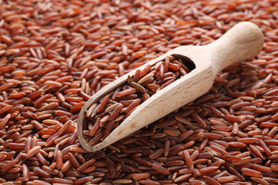 Photo of Pile of brown rice with scoop, closeup