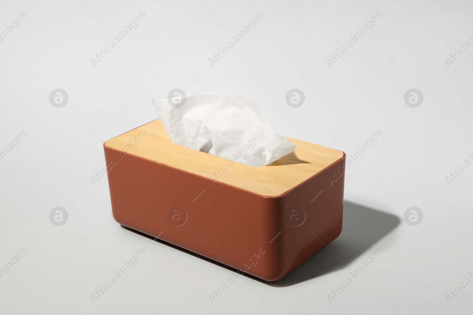 Photo of Holder with paper tissues on light grey background