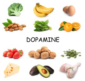 Image of Different foods rich in dopamine that can help you feel happiness. Different tasty products on white background