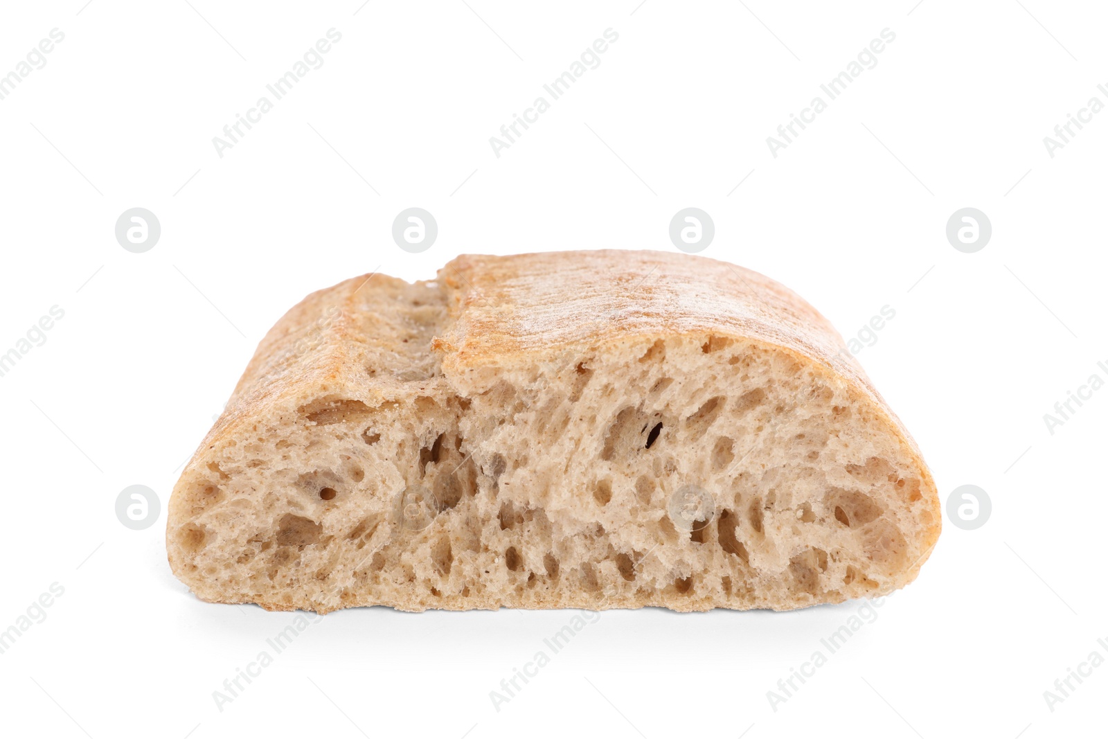 Photo of Cut ciabatta on white background. Fresh bread