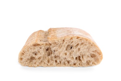 Photo of Cut ciabatta on white background. Fresh bread