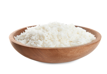 Photo of Wooden bowl with cooked rice isolated on white