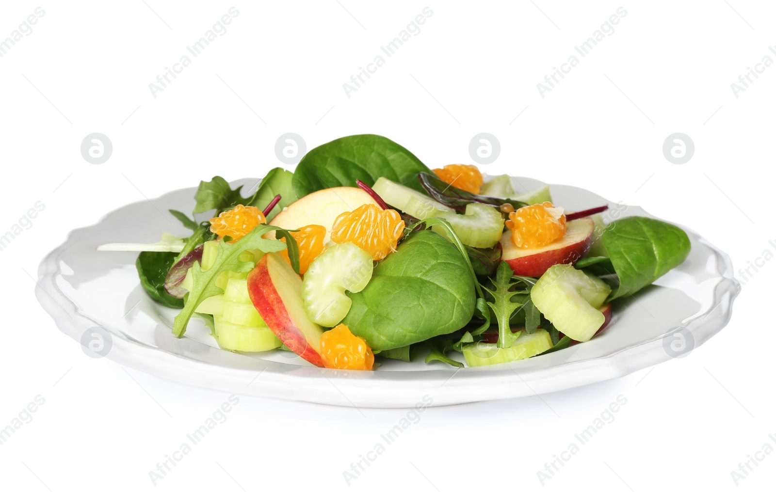 Photo of Delicious fresh celery salad isolated on white