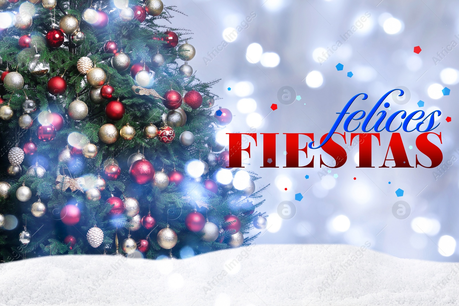 Image of Felices Fiestas. Festive greeting card with happy holiday's wishes in Spanish and Christmas tree on light background