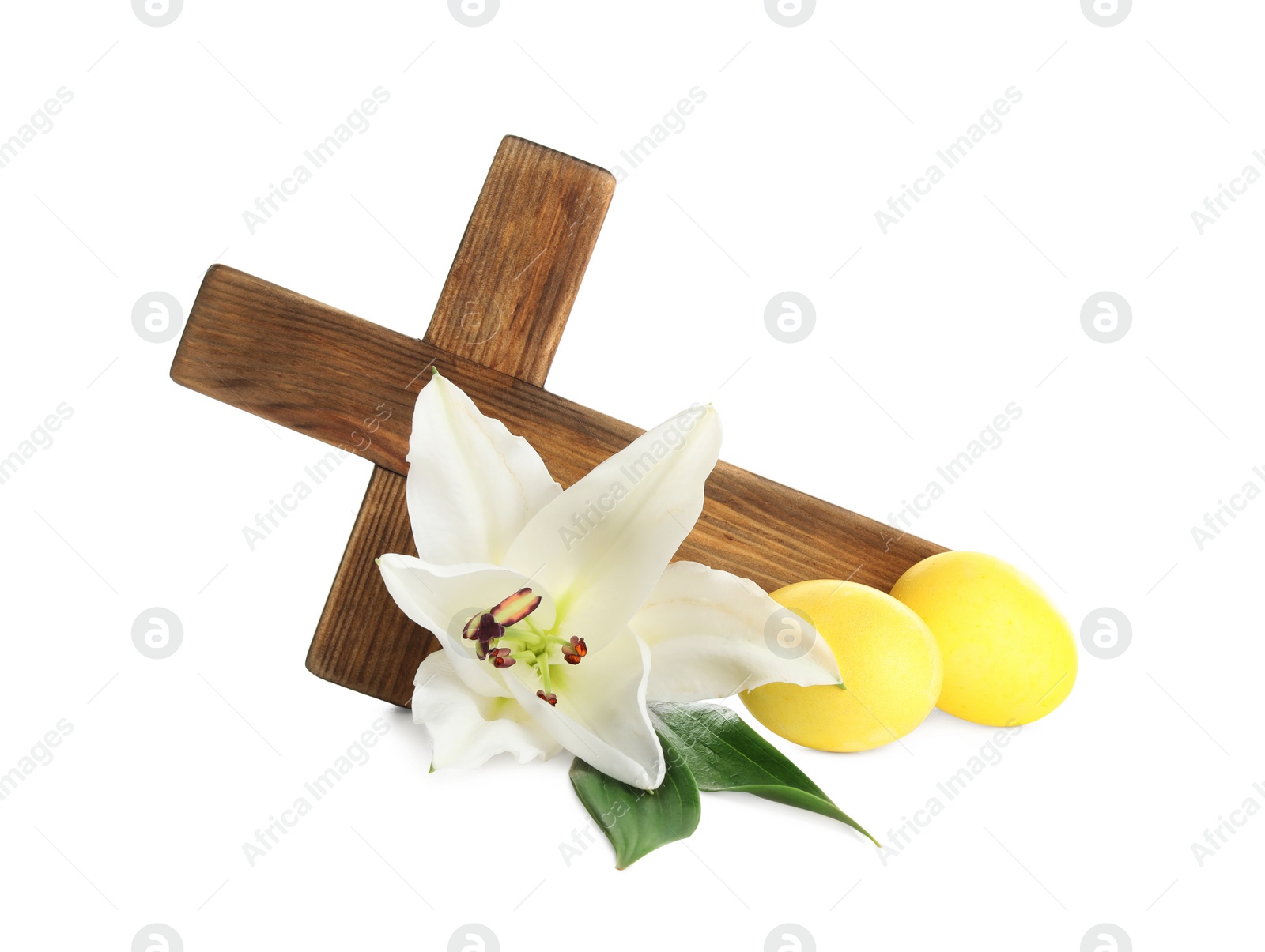 Photo of Wooden cross, Easter eggs and blossom lily on white background