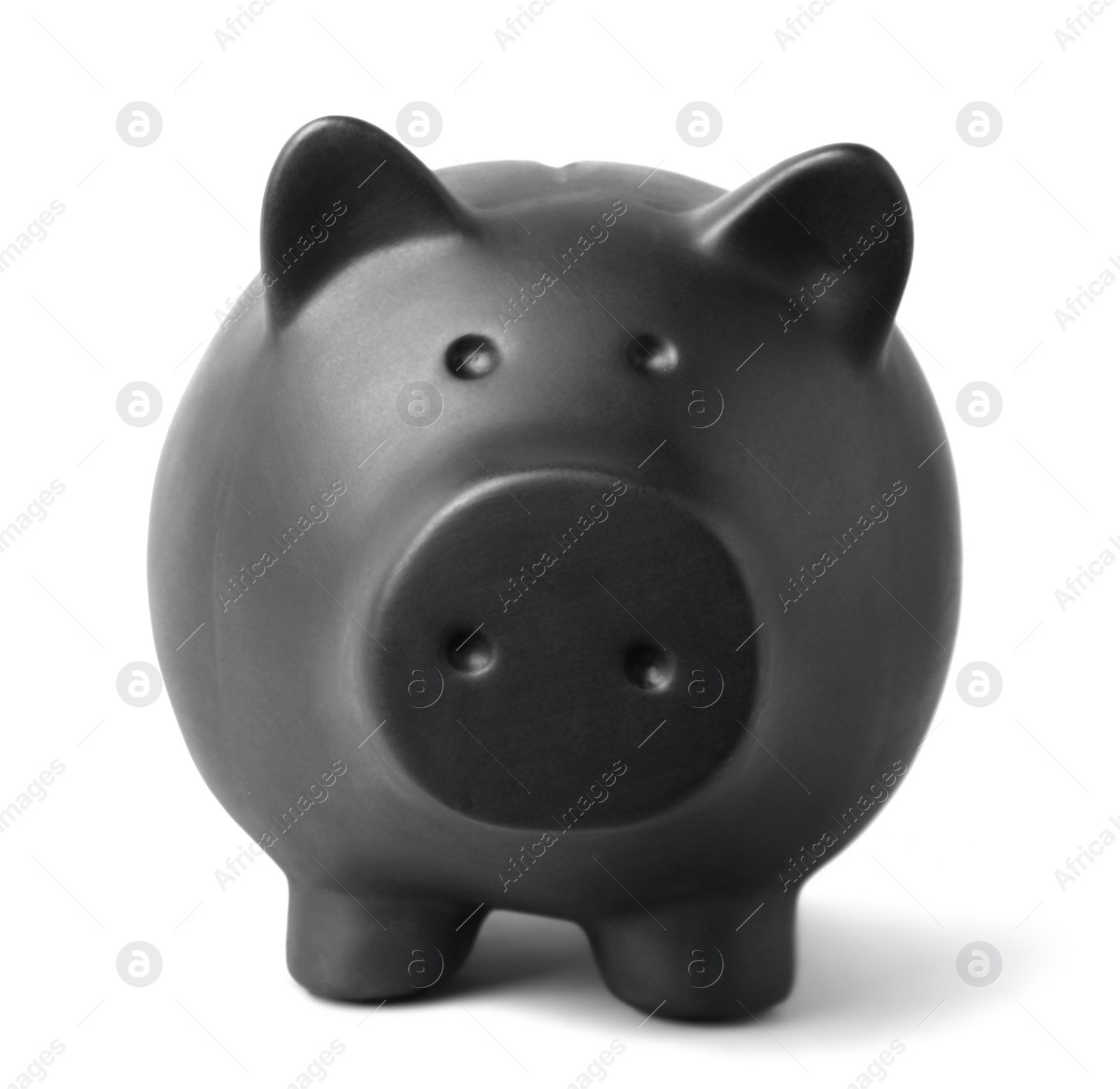 Photo of Black piggy bank on gray background. Money saving