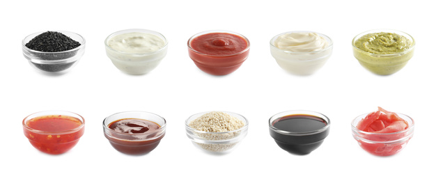 Image of Set of different delicious sauces and condiments on white background. Banner design